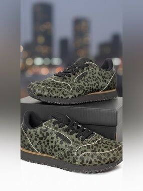 Woden Ydun Pony Sneaker Green Leopard-Print Calf Hair Upper Cork Insole Sz 6.5